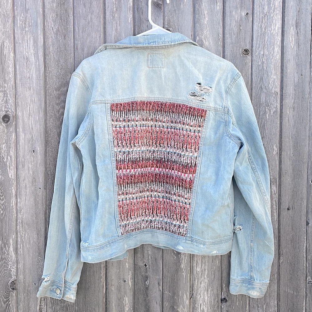 Destroyed light wash crochet knit back jean jacket